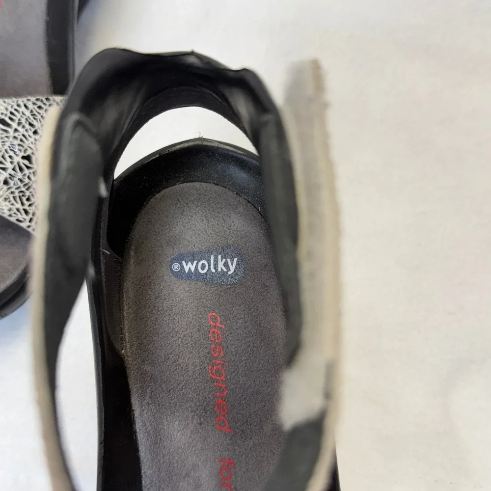 Wolky Do Black Wedge Sandals Ankle Strap Geometric Print Womens 37 6.5-7